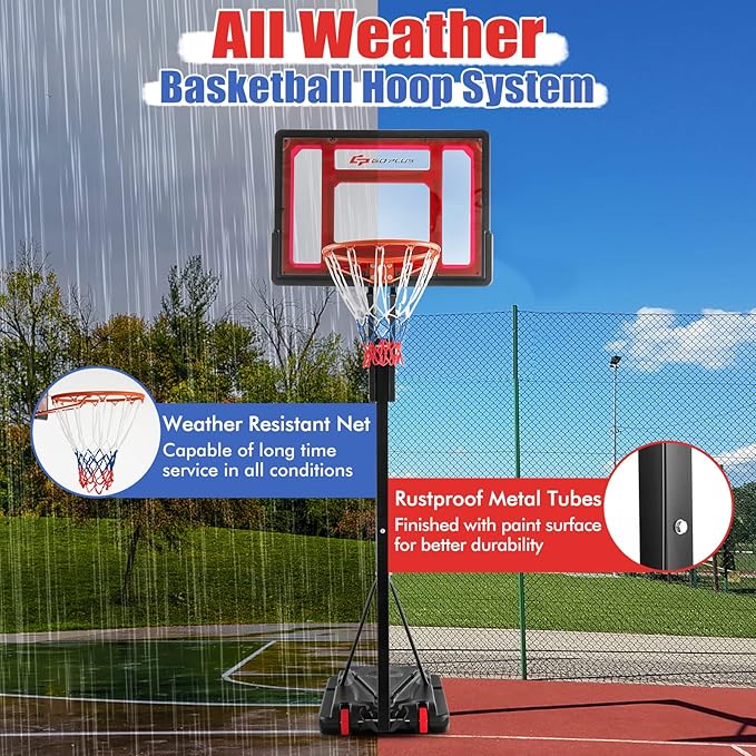 Goplus Portable Basketball Hoop Outdoor, 5FT-10FT Height Adjustable Basketball Stand System with Shatterproof Backboard, Weighted Bag, Indoor Outside Court Basketball Goal for Kids Youth
