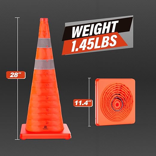 RoadHero 28 Inch 2 Pack Collapsible Traffic Safety Cones, Multi Purpose Pop-up Cones with Reflective Collar for Road Safety, Orange Cones for Driving Training, Parking Lots