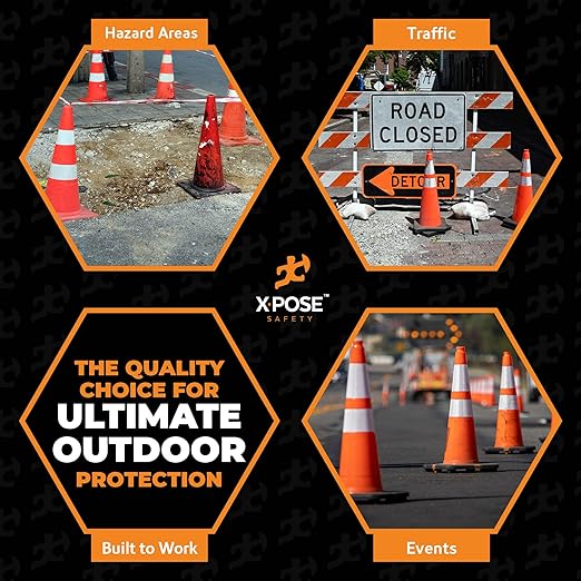 Xpose Safety 36 Inch Orange Traffic Cones with 6" & 4" Collars, 4-Pack - Multipurpose PVC Plastic Safety Cone for Parking, Soccer, Caution, Kids and Construction - DOT Approved