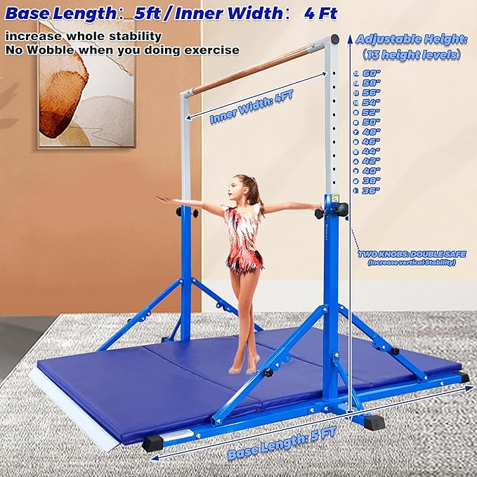 MARFULA Gymnastic Bar for Kid and Teenage Ages 3-25, 5 FT / 8 FT Base Length, 4 FT Width 5 FT Height, Gymnastic Kip Bar Horizontal Bar for Gymnast, Gymnastic Training Equipment for Home and Club Use