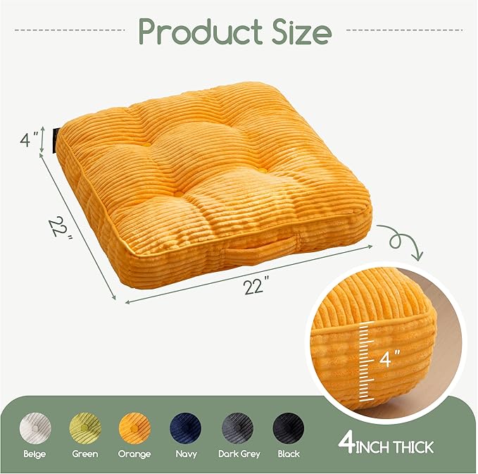 Washable Floor Pillow Cushion for Adults, Meditation Cushion Pillow, Large Square Floor Sitting, Removable Tufted Corduroy Cover, for Tatami Living Room or Yoga, 22x22 Inch, 2Pack, Machine Washable