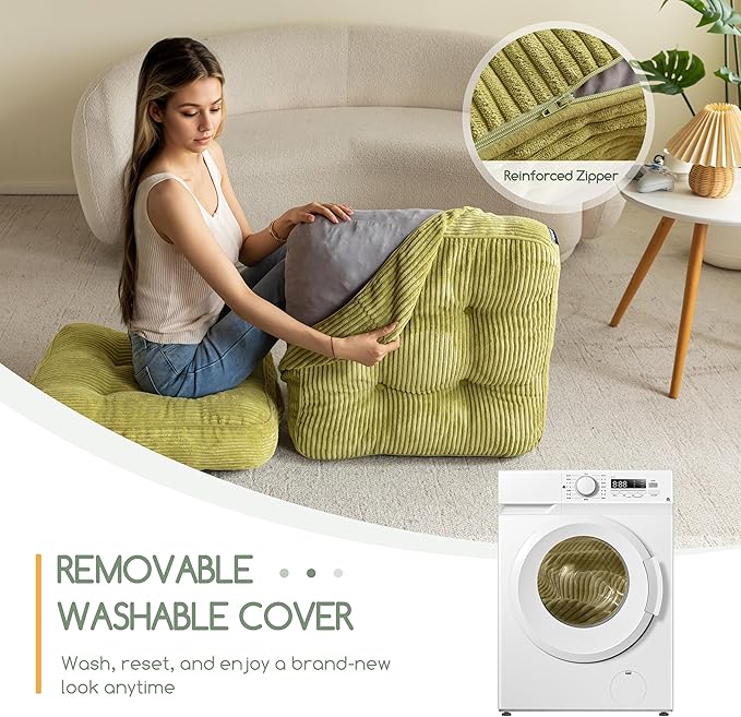 Washable Floor Pillow Cushion for Adults, Meditation Cushion Pillow, Large Square Floor Sitting, Removable Tufted Corduroy Cover, for Tatami Living Room or Yoga, 22x22 Inch, 2Pack, Machine Washable