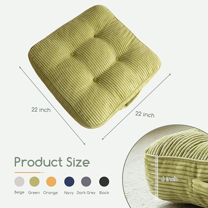 6" Washable Floor Pillow Cushion for Adults, Meditation Cushion Pillow, Large Square Floor Sitting, Removable Tufted Corduroy Cover, for Tatami Living Room or Yoga, 22x22 Inch, 2Pack, Machine Washable