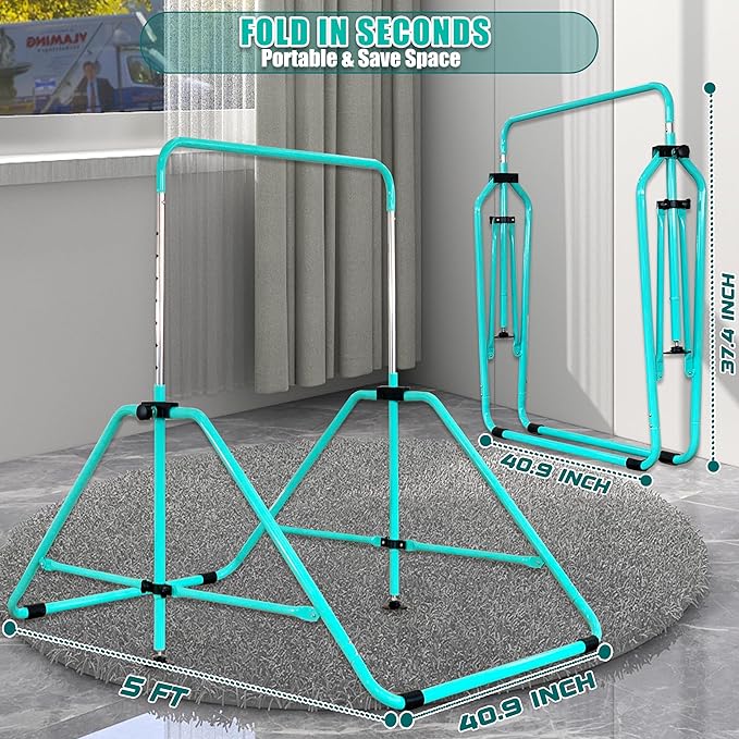 MARFULA Foldable Gymnastic Bar for Kids Ages 3-9, 9 Height Levels, 200 lbs Weight Capacity, 5 Ft Length Gymnastic Kip Bar with Mat, Gymnastic Equipment for Home and Gym Center Indoor Outdoor Use