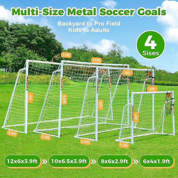 Soccer Goal 12x6,10x6.5, 8x6, 6x4FT Soccer Goals for Backyard Metal Soccer Goals for Kids Youth Adults Large Outdoor 2" Steel Soccer Goal Post Frame with Soccer Net Target Net Portable Agility Ladder