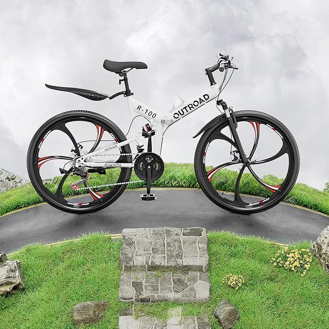 Betterland 26 Inch Folding Mountain Bike, 21 Speeds Full Suspension Foldable Bikes, Dual Disc Brake, High Carbon Steel Frame and Non-Slip Quick Release tire Bicycle for Adult