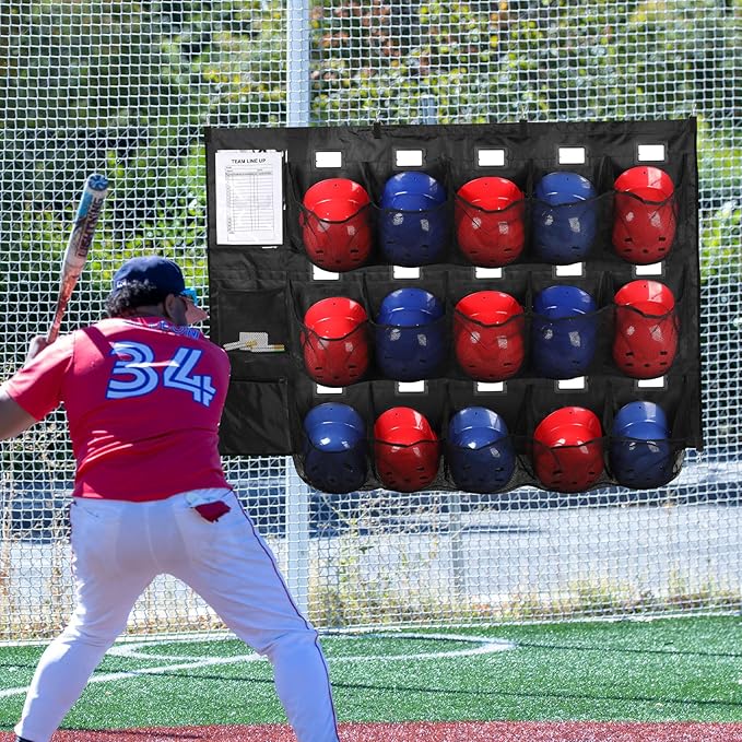 Baseball Dugout Organizer, Hanging Helmet Bag for 15 Players Baseball Softball Team, Helmet Organizer for Dugout Fence Garage, Organize Baseball Equipment, Helmets, Gloves, Bats, Balls