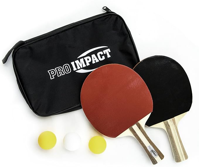 Pro Impact Ping Pong Set – 2 Professional Wooden Paddles, 3 Table Tennis Balls & Carry Case – Indoor/Outdoor Racket Kit for Beginner & Intermediate Players, Kids & Adults