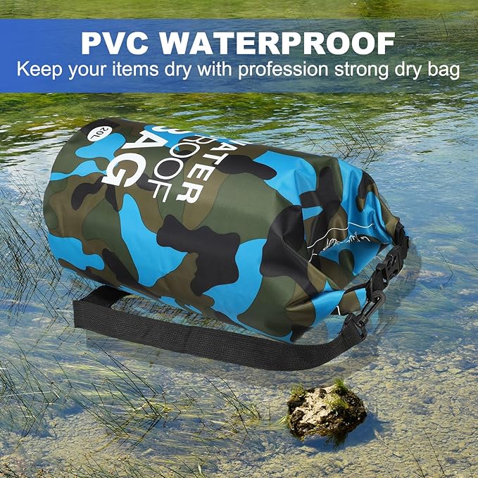 Waterproof Dry Bag, 10L Fit for Women Men Water Proof Bags Lightweight Dry Storage Floating Backpack with Whistle for Travel Boating Kayaking (Sky Blue Camouflage)