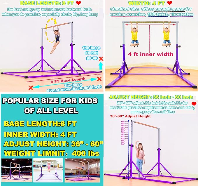 MARFULA Gymnastic Bar for Kid and Teenage Ages 3-25, 5 FT / 8 FT Base Length, 4 FT Width 5 FT Height, Gymnastic Kip Bar Horizontal Bar for Gymnast, Gymnastic Training Equipment for Home and Club Use