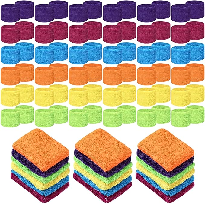 Lounsweer 72 Pcs Bulk Sports Wristbands - Sweatbands for Kids, Gifts, Party Favors, Athletics, and Fans