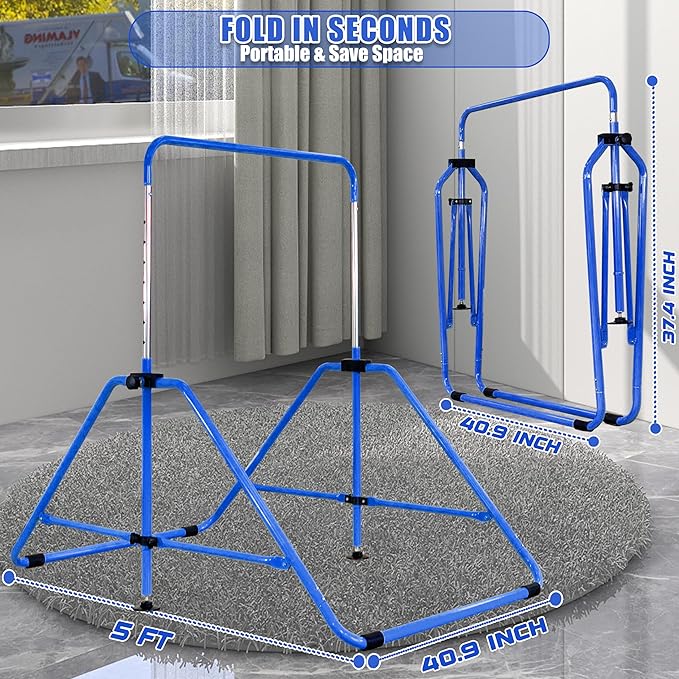 MARFULA Foldable Gymnastic Bar for Kids Ages 3-9, 9 Height Levels, 200 lbs Weight Capacity, 5 Ft Length Gymnastic Kip Bar with Mat, Gymnastic Equipment for Home and Gym Center Indoor Outdoor Use
