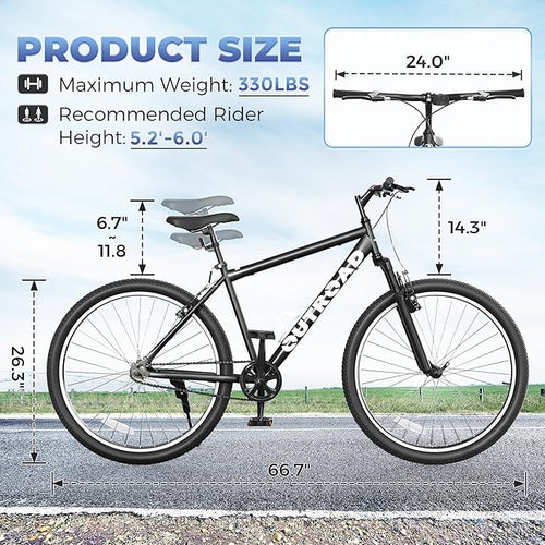 26 inch Mountain Bike with Lightweight Cycling Bicycles, Dual Disc/V Brake,Metal Frame Bicycle for Men and Women, Adult
