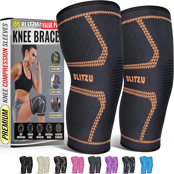 Knee Brace for Women & Men, 2 Pack Compression Knee Brace, Knee Support Sleeve for Pain Relief, Running, Workout, Sports, Knee Braces for ACL, Meniscus Tear, Arthritis and Injury Recovery Orange S
