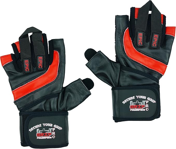 Epic Leather Gym Gloves with Built in 2" Wide Wrist Wraps Grip & Design for Weightlifting Power Lifting Bodybuilding & Strength Training Workout Exercises