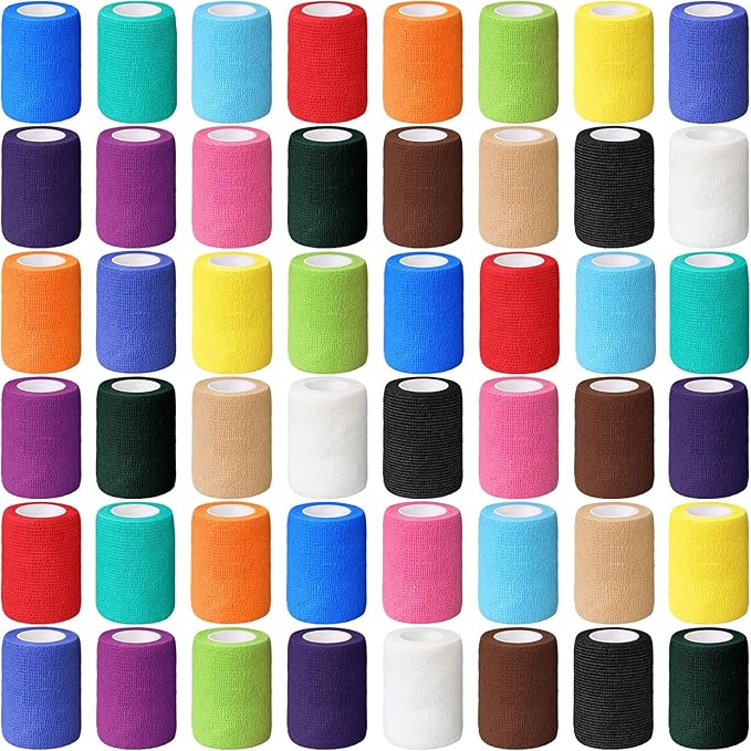 Treela 48 Pack Self Adhesive Wrap Bandage Bulk, 3 Inch X 5 Yard Self Adherent Cohesive Bandage Elastic Athletic Tape Breathable Wound Tape for Stretch Athletic Sports Wrist Ankle(Multicolored)