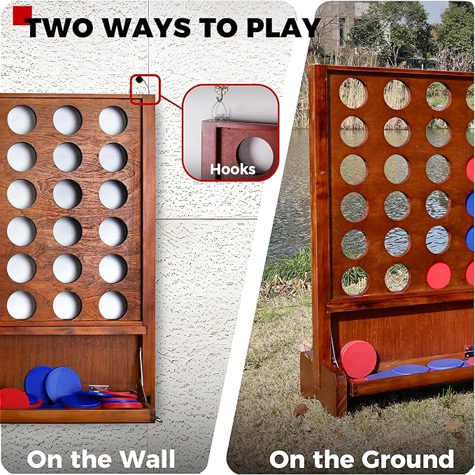 Giant Wooden 4 in a Row Connect Games with Folding Tray - Yard Outdoor Beach Games with Carrying Case - Two Styles to Play - Patented Product