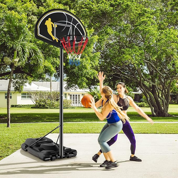 Goplus Portable Basketball Hoop Outdoor Indoor, 4.25-10FT 12-Level Adjustable Basketball Goal w/ 44’’ Shatterproof Backboard, Fillable Base, Basketball Stand System for Youth Adults