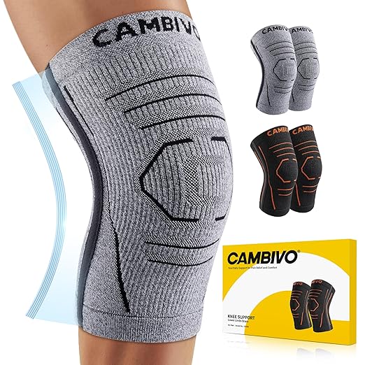 CAMBIVO Knee Brace for Women and Men with Side Stabilizer 2 Pack, Lightweight Knee Compression Sleeves for Knee Pain Relief, Knee Sleeves for Running, Workout and Daily Activities (Gray, Small)