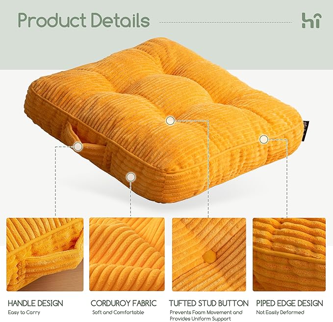 HIGOGOGO Washable Floor Pillow Cushion for Adults, Meditation Cushion Pillow, Large Square Floor Sitting, Removable Tufted Corduroy Cover, for Tatami Living Room or Yoga, 22x22 Inch, Machine Washable