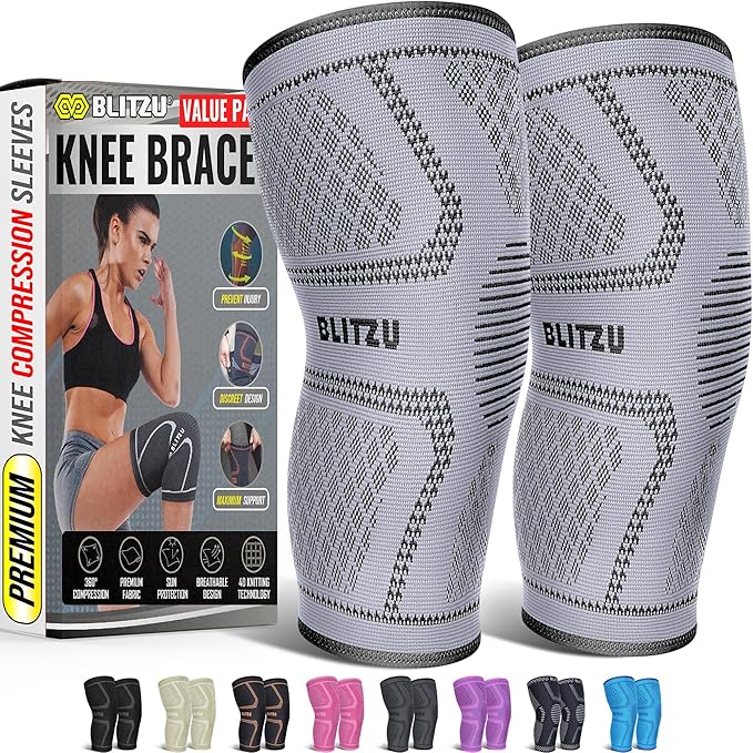 Knee Brace for Women & Men, 2 Pack Compression Knee Brace, Knee Support Sleeve for Pain Relief, Running, Workout, Sports, Knee Braces for ACL, Meniscus Tear, Arthritis and Injury Recovery Gray M