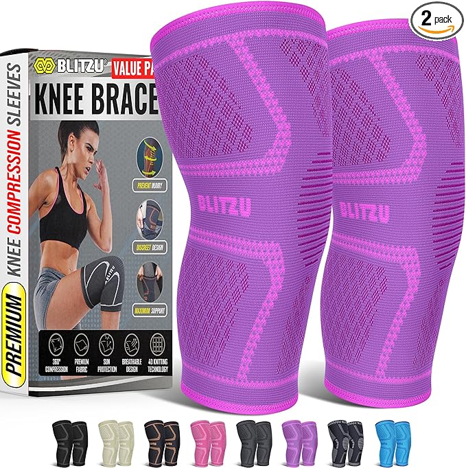 Knee Brace for Women & Men, 2 Pack Compression Knee Brace, Knee Support Sleeve for Pain Relief, Running, Workout, Sports, Knee Braces for ACL, Meniscus Tear, Arthritis and Injury Recovery Purple XL