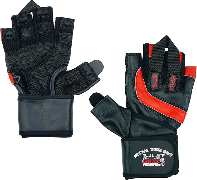 Epic Leather Gym Gloves with Built in 2" Wide Wrist Wraps Grip & Design for Weightlifting Power Lifting Bodybuilding & Strength Training Workout Exercises, Size : Large 8 1/8" - 8 1/2"