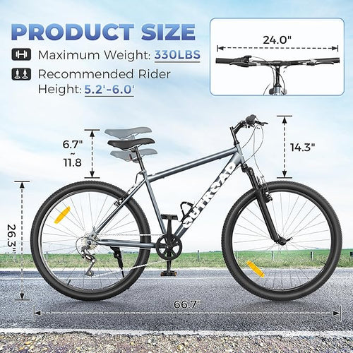 26 inch Mountain Bike with 7/21 Speeds Lightweight Cycling Bicycles, Dual Disc/V Brake,Metal Frame Bicycle for Men and Women, Adult Racing Bike, Road Bike(Blue/Grey/Black)