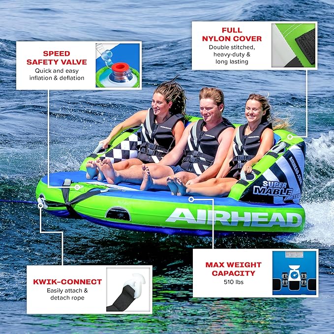 Airhead Mable Inflatable Towable Tube, 1-4 Rider Models, Dual Tow Points, Full Nylon Cover, EVA Foam Pads, Patented Speed Valve, Boat Tubes and Towables