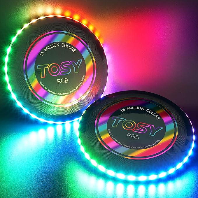 TOSY Flying Disc - 108 RGB Multicolor or 36 Monocolor LEDs, Super Bright, Smart Modes, Christmas Stocking Stuffers Gift, Camping Toy for Kid/Teen/Adult, Auto Light Up, Rechargeable, Waterproof, 175g