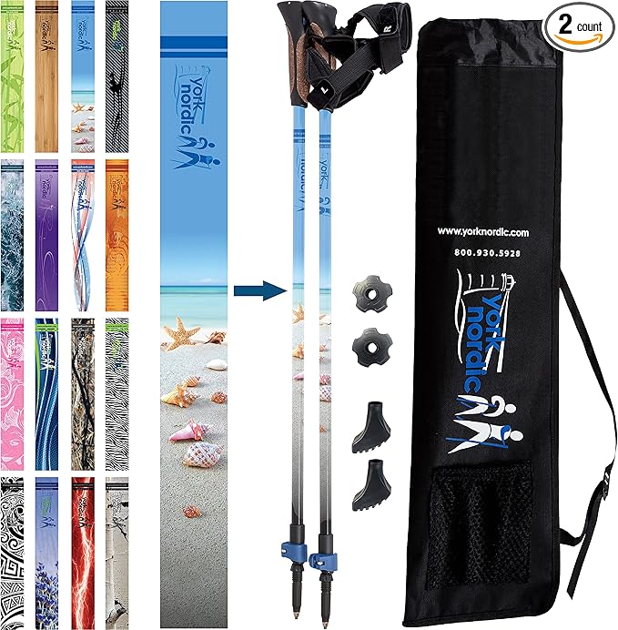 Official Nordic Walking Poles - True Classic Nordic Glove Grips, Lightweight, Adjustable, and Collapsible -2 Pieces w/flip Locks, Detachable Feet and Travel Bag by York Nordic - Heights 5'4"-6'2"