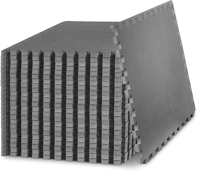 ProsourceFit Extra Thick Puzzle Exercise Mat, EVA Foam Interlocking Tiles for Protective, Cushioned Workout Flooring for Home and Gym Equipment, Grey - 3/4 inch - 96 Sq Ft - 24 Tiles