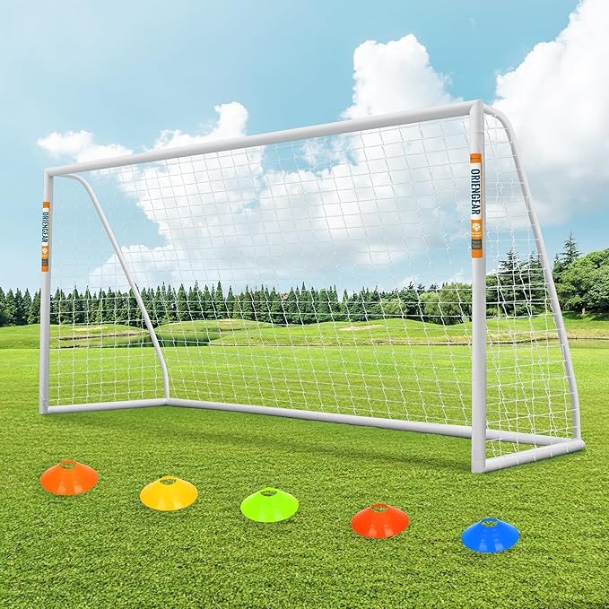 ORIENGEAR Soccer Goal, 12x6/10x6.5/8x6/6x4 Full Size Soccer Goals for Backyard, Soccer Net with Training Discs, Portable Soccer Goal for Kids and Adults with 1 Carry Bag, Porterias De Futbol