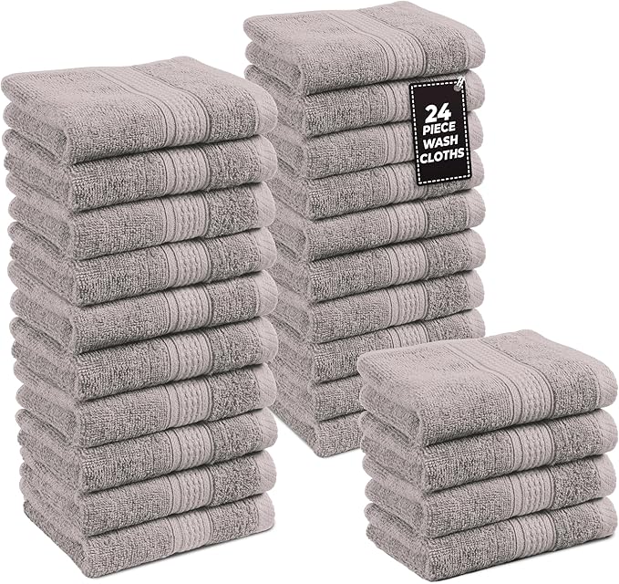 LANE LINEN 100% Cotton Wash Cloths - 24 Pcs - Spa & Salon Quality - Ring Spun Cotton Face Cloths - Soft & Absorbent Washcloths for Body, Beauty, Home, Gym - Fingertip Towels Set - 13"x13", Platinum