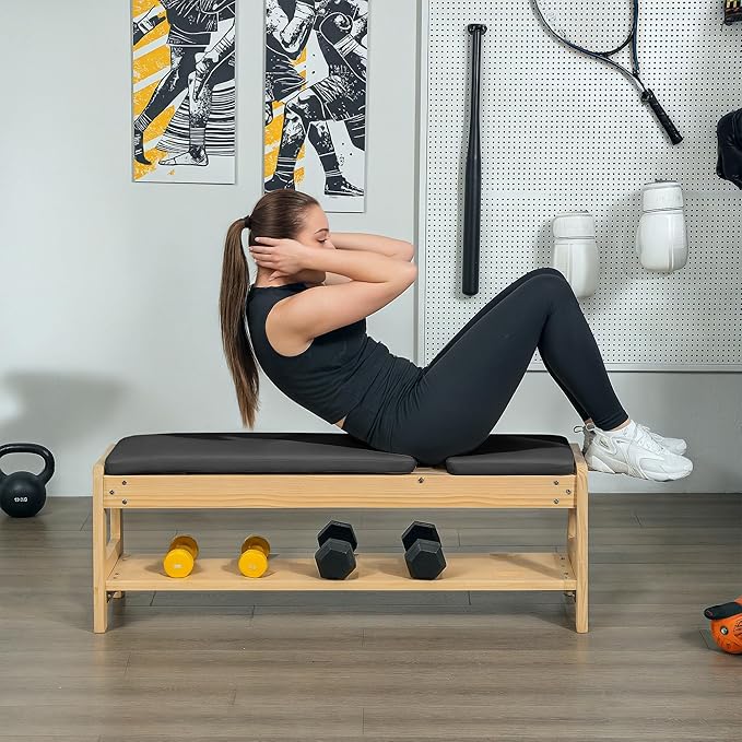Soozier Adjustable Weight Bench with Dumbbell Rack, Wooden Workout Bench, Flat or Incline Bench for Home Gym Weight Lifting Training