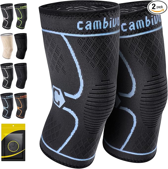 CAMBIVO 2 Pack Knee Brace, Knee Compression Sleeve for Men and Women, Knee Support for Running, Workout, Gym, Hiking, Sports (Blue,Medium)