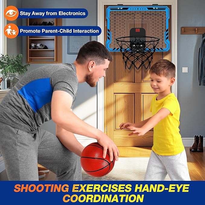 ropoda Indoor Basketball Hoop, Mini Hoop with Remote Controll, 7 LED Lights, 3 Modes Scoreboard, Mini Hoop with 4 Balls Over The Door, Basketball Hoop Indoor, Toys Gifts for Kids Adults
