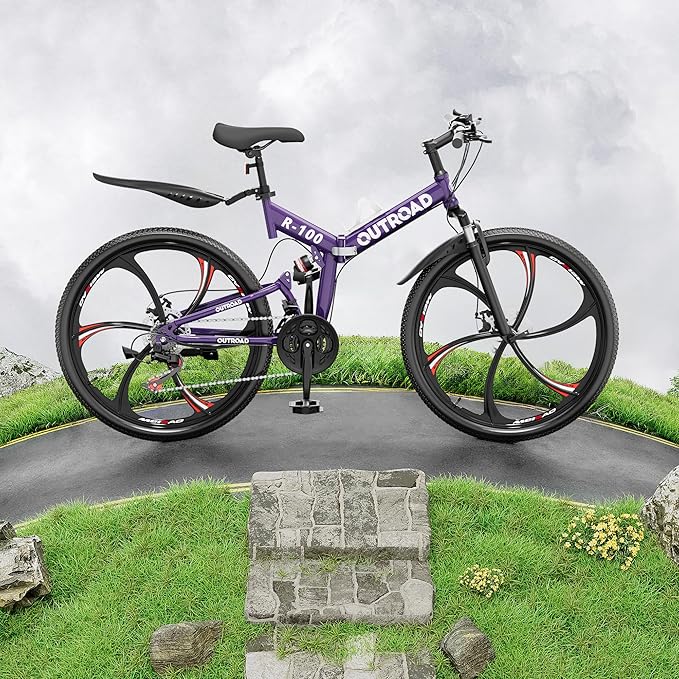 Betterland 26 Inch Folding Mountain Bike, 21 Speeds Full Suspension Foldable Bikes, Dual Disc Brake, High Carbon Steel Frame and Non-Slip Quick Release tire Bicycle for Adult