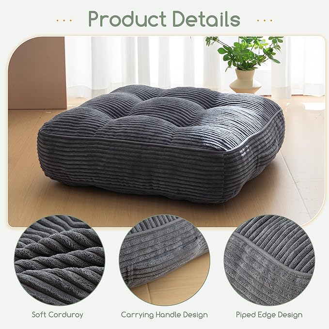 6" Washable Floor Pillow Cushion for Adults, Meditation Cushion Pillow, Large Square Floor Sitting, Removable Tufted Corduroy Cover, for Tatami Living Room or Yoga, 22x22 Inch, 2Pack, Machine Washable