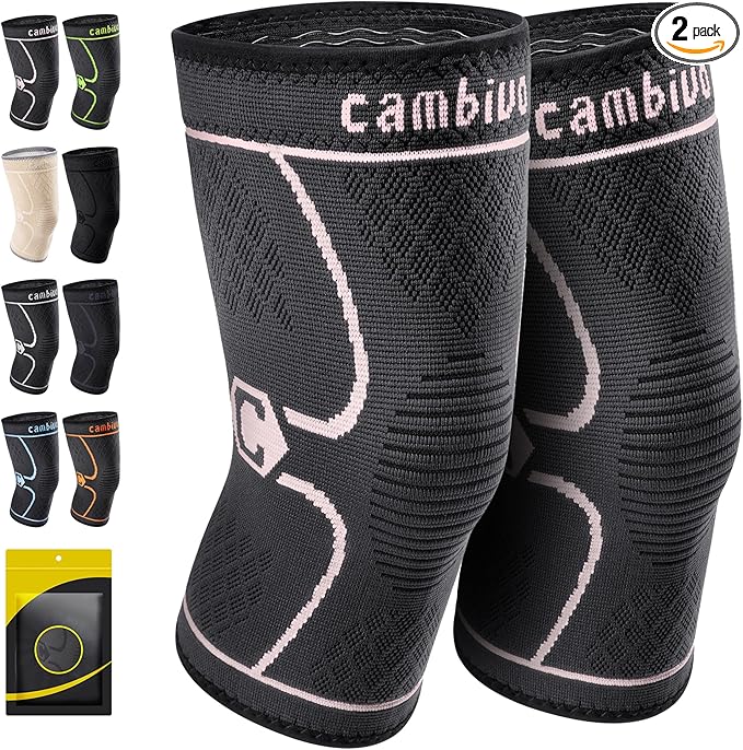 CAMBIVO 2 Pack Knee Brace, Knee Compression Sleeve for Men and Women, Knee Support for Running, Workout, Gym, Hiking, Sports (Pink,Large)