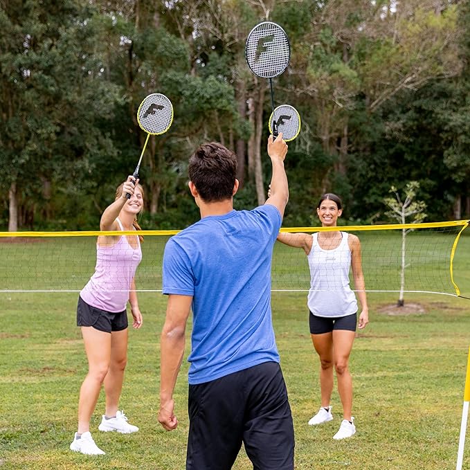 Franklin Sports Badminton Net Sets - Outdoor Backyard + Beach Badminton Net + Equipment Set - (4) Rackets + (2) Birdies + Portable Net Included - Adults + Kids Set