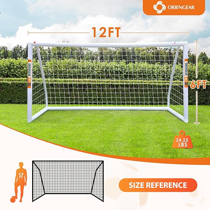 ORIENGEAR Soccer Goal, 12x6/10x6.5/8x6/6x4 Full Size Soccer Goals for Backyard, Soccer Net with Training Discs, Portable Soccer Goal for Kids and Adults with 1 Carry Bag, Porterias De Futbol