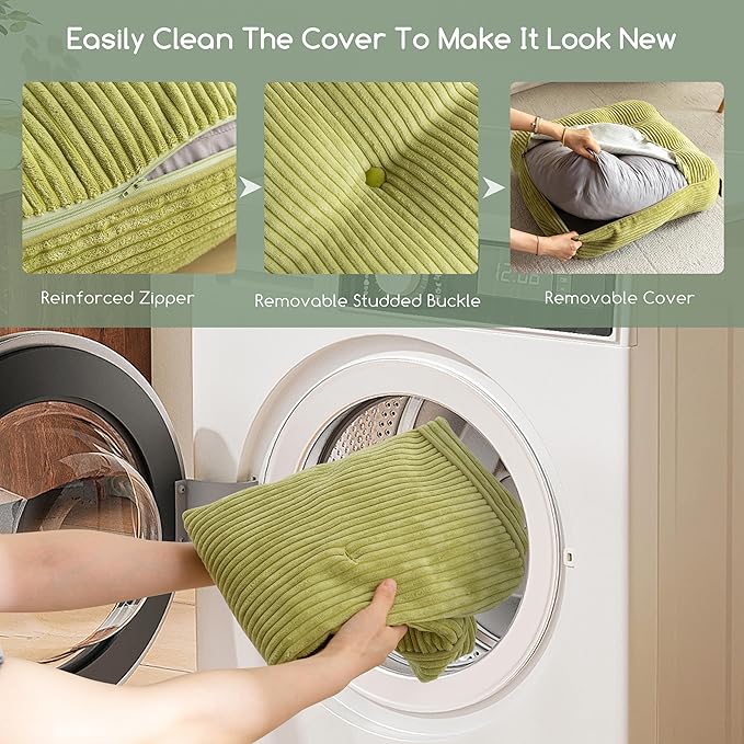 8" Washable Floor Pillow Cushion for Adults, Meditation Cushion Pillow, Large Square Floor Sitting, Removable Tufted Corduroy Cover, for Tatami Living Room or Yoga, 22x22 Inch, 2Pack, Machine Washable