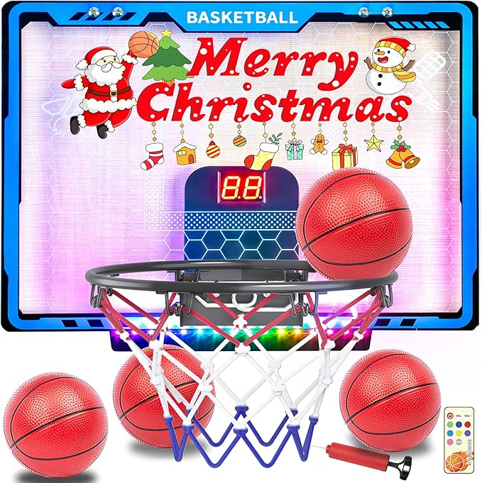 Awsoo Mini Basketball Hoop for Kids，Indoor Basketball Hoop with4 Basketballs, Colorful LED and Scoreboard, Mini Hoop Toys for 5 6 7 8 9 10 11 12 Year Old Boys Girls (Blue)