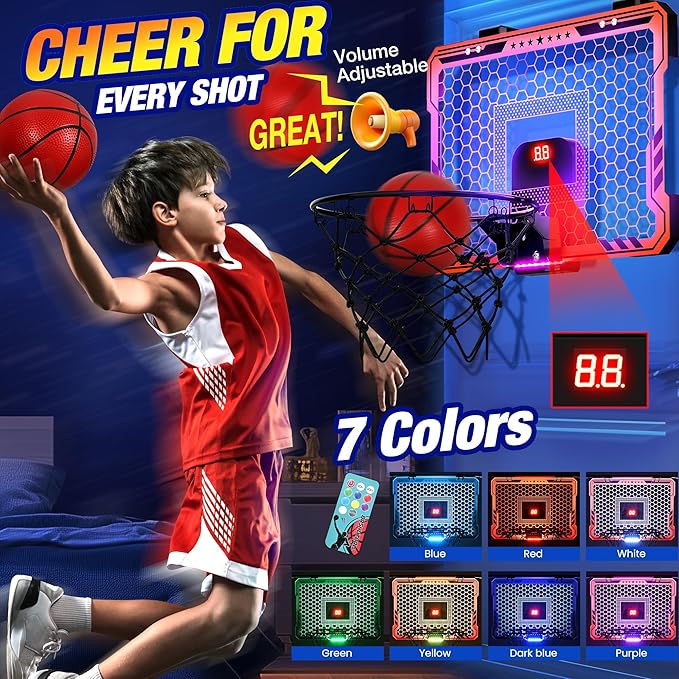 ropoda Indoor Basketball Hoop, Mini Hoop with Remote Controll, 7 LED Lights, 3 Modes Scoreboard, Mini Hoop with 4 Balls Over The Door, Basketball Hoop Indoor, Toys Gifts for Kids Adults
