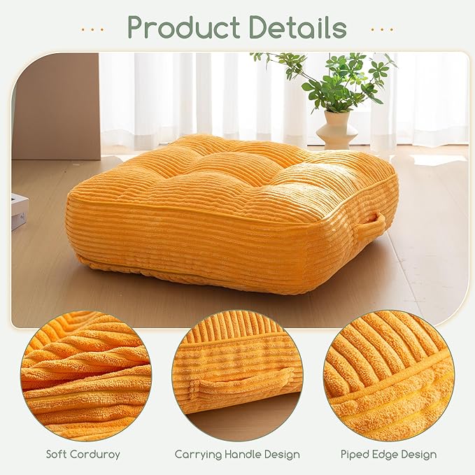 6" Washable Floor Pillow Cushion for Adults, Meditation Cushion Pillow, Large Square Floor Sitting, Removable Tufted Corduroy Cover, for Tatami Living Room or Yoga, 22x22 Inch, 2Pack, Machine Washable