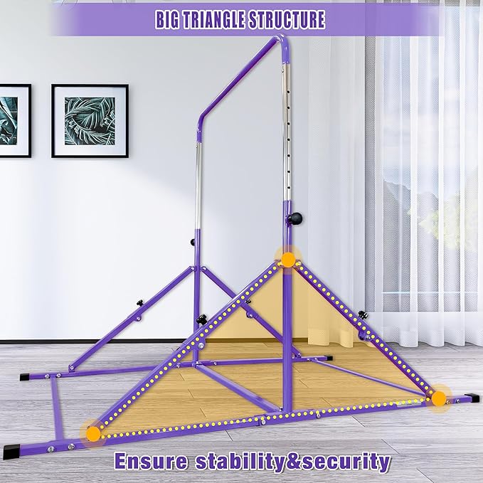 MARFULA Foldable Gymnastic Bar for Kids Ages 3-12, 9 Height Levels, 200 lbs Weight Capacity, 5 Ft Length Gymnastic Kip Bar with Mat, Gymnastic Equipment for Home and Gym Center Indoor Outdoor Use