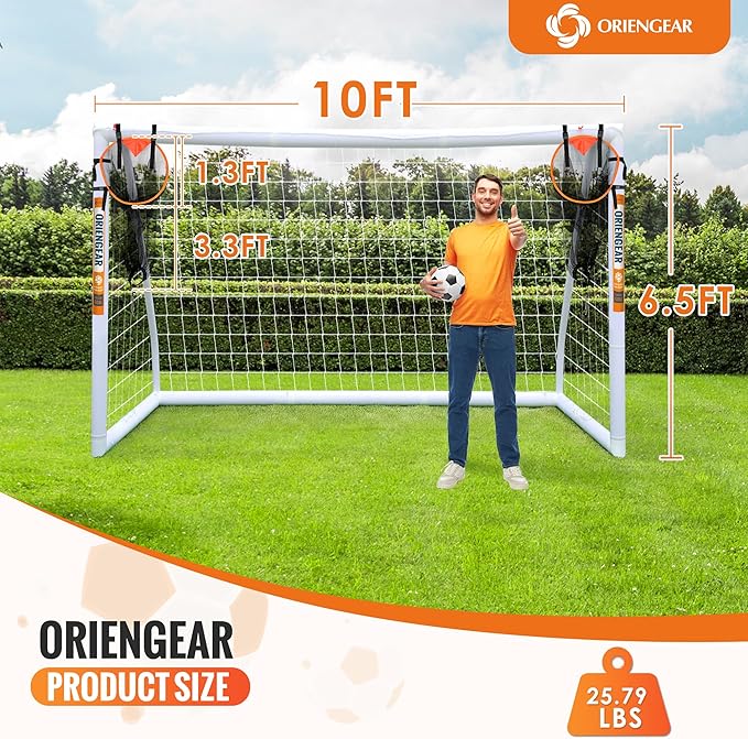 ORIENGEAR Soccer Goal, 12x6/10x6.5/8x6/6x4 Full Size Soccer Goals for Backyard, Soccer Net with Training Discs, Portable Soccer Goal for Kids and Adults with 1 Carry Bag, Porterias De Futbol
