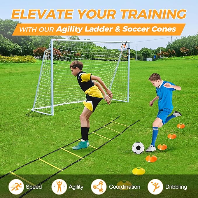 Soccer Goal 12x6,10x6.5, 8x6, 6x4FT Soccer Goals for Backyard Metal Soccer Goals for Kids Youth Adults Large Outdoor 2" Steel Soccer Goal Post Frame with Soccer Net Target Net Portable Agility Ladder