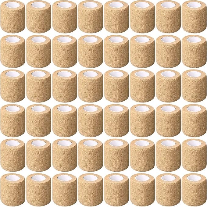 Treela 64 Pack 2" x 5 Yards Self Adhesive Cohesive Bandage Wraps, Elastic Breathable Athletic Tape, Flexible Self Adherent Bandage Rolls for Wrist, Ankle, Fingers, Sports & Pets (Beige)